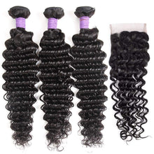 Load image into Gallery viewer, Brazilian Deep Wave Bundles with Closure 10A Virgin Human Hair Bundles with Closure Wet and Wavy Curly Hair Weave 3 Bundles with Lace Closure Free Part