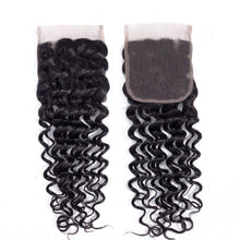 Load image into Gallery viewer, Brazilian Deep Wave Bundles with Closure 10A Virgin Human Hair Bundles with Closure Wet and Wavy Curly Hair Weave 3 Bundles with Lace Closure Free Part