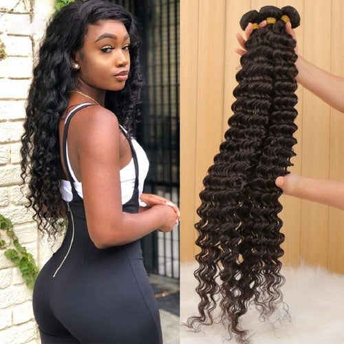 Brazilian Deep Wave Bundles with Closure 10A Virgin Human Hair Bundles with Closure Wet and Wavy Curly Hair Weave 3 Bundles with Lace Closure Free Part