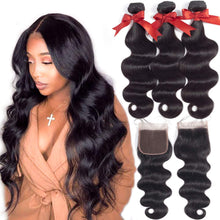 Load image into Gallery viewer, Bex Hair Brazilian Human Hair Body Wave 3 Bundles with Closure Unprocessed Brazilian Body Wave Human Hair Double Weft with Lace Closure 4×4 Free Part