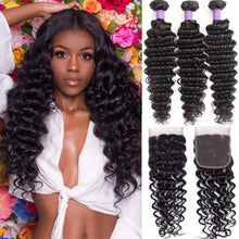 Load image into Gallery viewer, Brazilian Deep Wave Bundles with Closure 10A Virgin Human Hair Bundles with Closure Wet and Wavy Curly Hair Weave 3 Bundles with Lace Closure Free Part